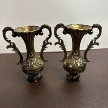 Vintage Ornate Art Nouveau Rococo Style Italian Antique Brass Colored Vase Set 2 - £22.73 GBP