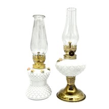 Set of 2 Mini Vintage Oil Lamps 8.5 x 3 9 x 3 Brass and White Milk Glass - £28.48 GBP