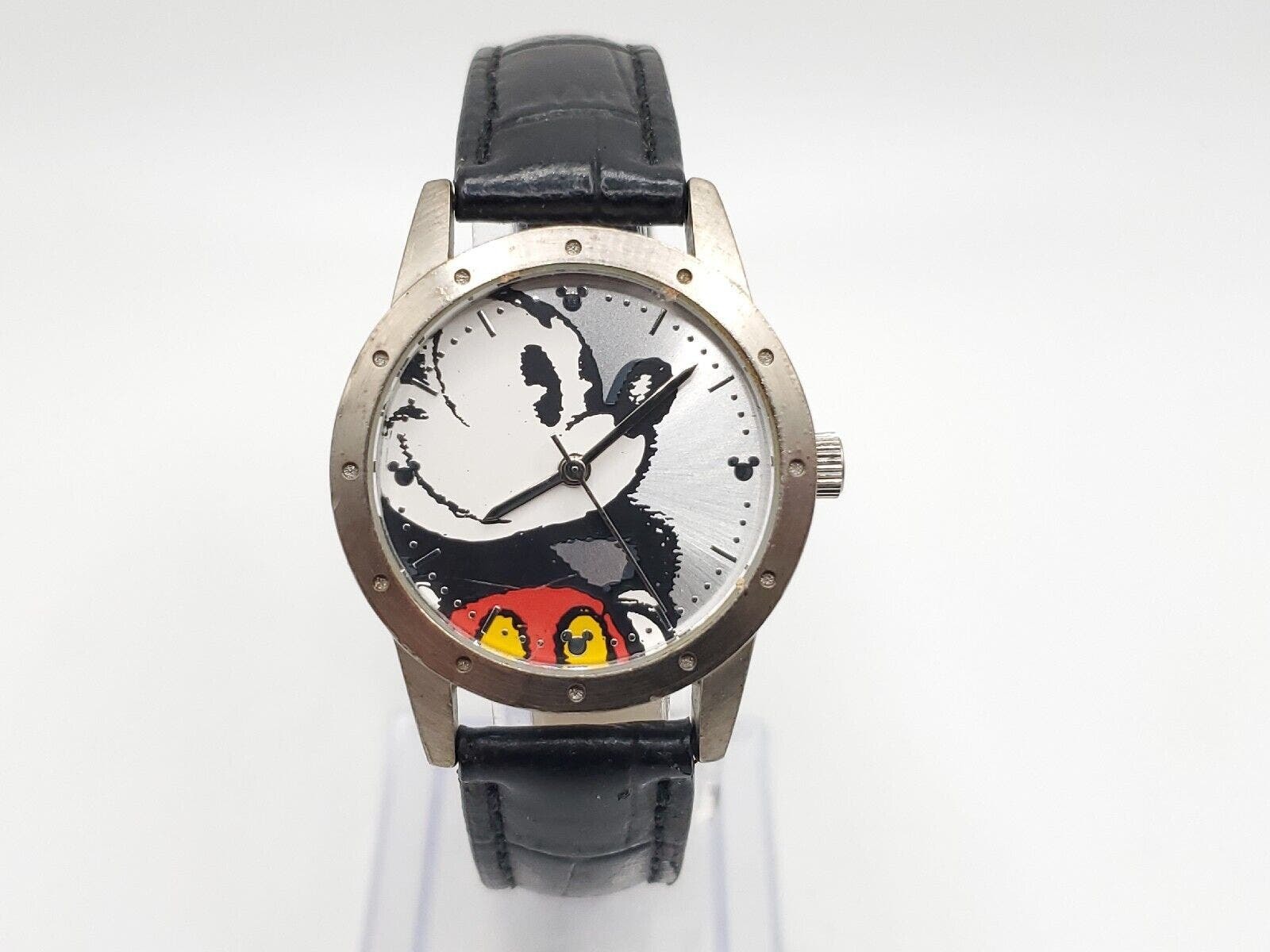 Disney Mickey Mouse Limited Release Watch New Battery Silver Tone Black Leather - $31.50