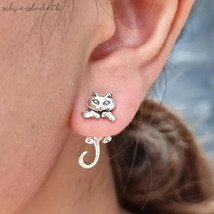 Hanging Cat Stud Earrings Silver - £9.60 GBP