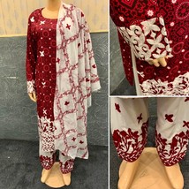 Pakistani Maroon Ajrak Printed Straight Shirt 3-PC Linen Dress Threadwork,Medium - £57.56 GBP