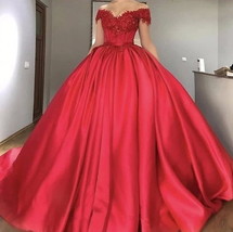 Ball Gowns Satin Off the Shoulder Prom Dress Lace Appliques Women Evening Gowns - £179.84 GBP