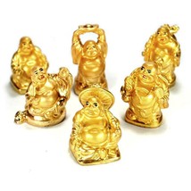 Set Of 6 Golden Happy Buddha Statues 2&quot; Gold Color Hotei Fat Laughing Resin Lot - $7.95