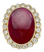 18K Oro Giallo 35.7ct Rubino Cabochon &amp; 2.2ct Anello Diamante Misura 10 ... - $18,889.67