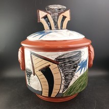 Handmade Hand Painted Tornado Pottery Cookie Jar, Bent House &amp; Blue Dog, Signed - £63.02 GBP