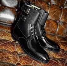 New Men Handmade Black Pebbled Leather Buckle Lace Up Ankle High Boots for Men&#39;s - £120.54 GBP