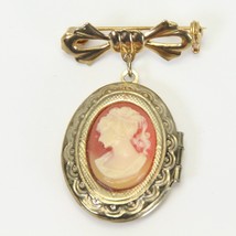 Cameo Locket Bow Ribbon Dangle Drop Gold Tone Brooch Pin 1.3&quot; x 1.9&quot; H V... - $311.71 MXN