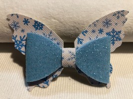 BUTTERFLY 2 LAYERED HAIR BOW, BLUE AND WHITE W/SNOW FLAKES, HOMEMADE, 3.... - £4.02 GBP