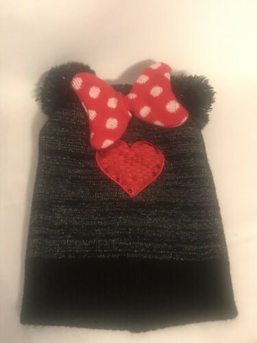 Primary image for Disney Minnie Mouse Girls Pom Pom Bow Graphic black/red Beanie Winter Hat_Used