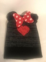 Disney Minnie Mouse Girls Pom Pom Bow Graphic black/red Beanie Winter Hat_Used - £3.98 GBP