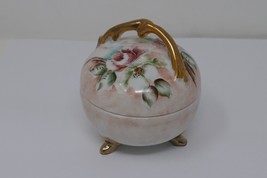 Porcelain Hand Painted Floral Round Gold Footed Trinket Dish with Lid - £31.96 GBP