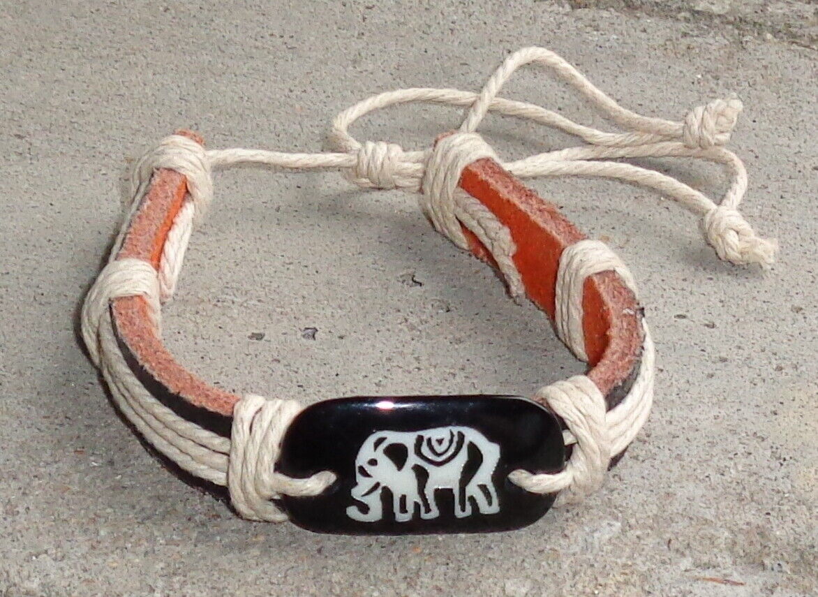 Primary image for Black Leather Elephant Embellishment Rope Twine Rope Cord Pull Tie Bracelet Boho