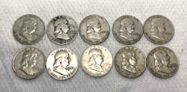 Denver Mint Franklin Half Dollar 10 Coin Lot 1952D 1953D 1954D 1957D 1958D - £107.48 GBP