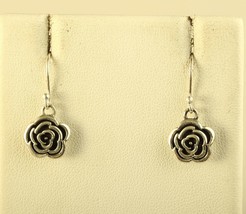 Vintage Sterling Silver 925 Oxidized Floral Rose Bali Inspired Hook Earrings - £30.03 GBP