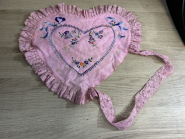 Vtg Valentine embroidered floral sweetheart heart shape pillow lace mid-century - $17.82