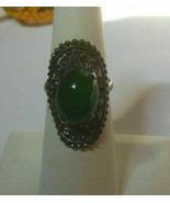 Vintage Art Deco Filigree Green Jelly Belly Ring Size 5.5- adjustable - $61.80 CAD