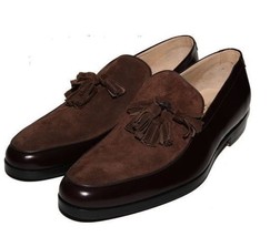 Handmade leather Suede Fashion Shoes, men&#39;s loafer slip on Brown Tussles shoes - £126.93 GBP
