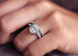2CT Oval Cut Sim Diamond 14K White Gold Finish Engagement Ring Bridal Set - £59.96 GBP