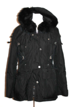 Betsey Johnson Winter Coat w/ Faux Fur Hood Women&#39;s Size 8 Black Metal Trim - $45.00