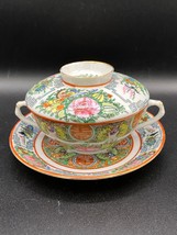2 handled cup with lid and saucer, pink, green handpainted porcelain - $16.23