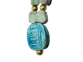 Vtg Carved Stone Scarab Beetle Egyptian Revival Necklace 23” Faience Amulet - £55.02 GBP