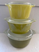 PYREX Vintage Verde Green Ovenware Nesting Bowls Covered Casserole Set 3 - £62.90 GBP