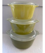 PYREX Vintage Verde Green Ovenware Nesting Bowls Covered Casserole Set 3 - £62.90 GBP