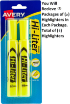 Avery Hi-Liter - Yellow Highlighter -  Smear Safe Ink, Chisel Tip - 2 Pack x 3. - £6.84 GBP
