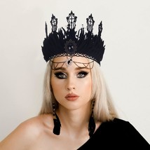 Gothic Headpiece Black Baroque Vintage Crown Halloween Cystal Pendant Headbands  - £17.54 GBP