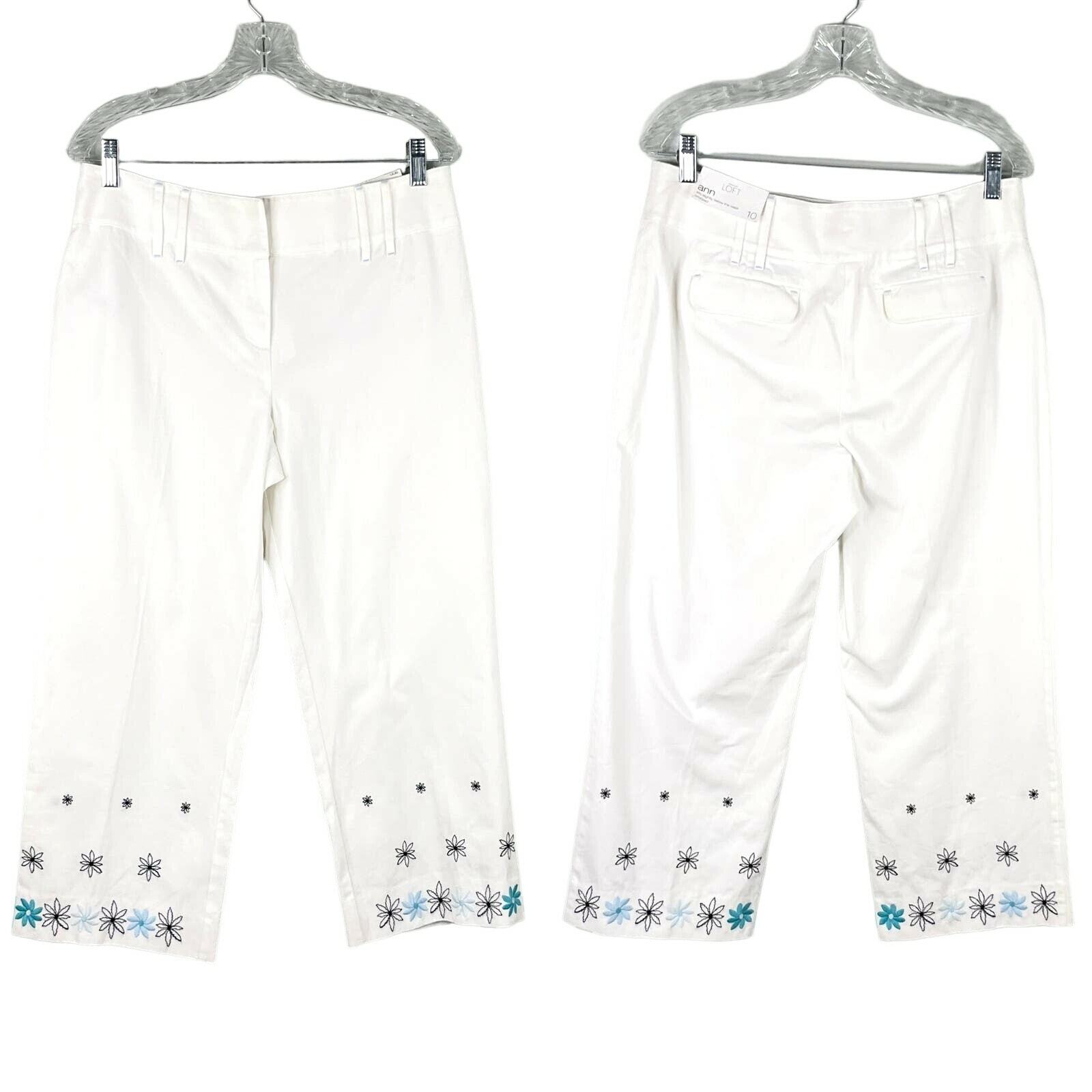 Ann Taylor LOFT Ann Pants Cropped 10 White Embroidered Flowers - $34.64