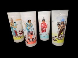 Knox Oil 1950s Oklahoma Indians Frosted Glass Tumblers Vintage Set of 4 - $49.45