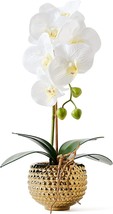 Hisow Orchids Artificial Flowers, 15&quot; Faux Orchid In Gold Flower Pot Real, White - £35.96 GBP