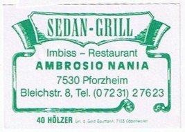 Matchbox Label Germany Sedan Grill Ambrosio Nania Pforzheim - $0.98