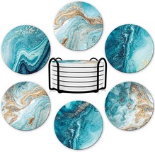 Dooke Drink Coasters, Set Of 6 Round Absorbent Ceramic Stone, Teal Marble - £35.92 GBP