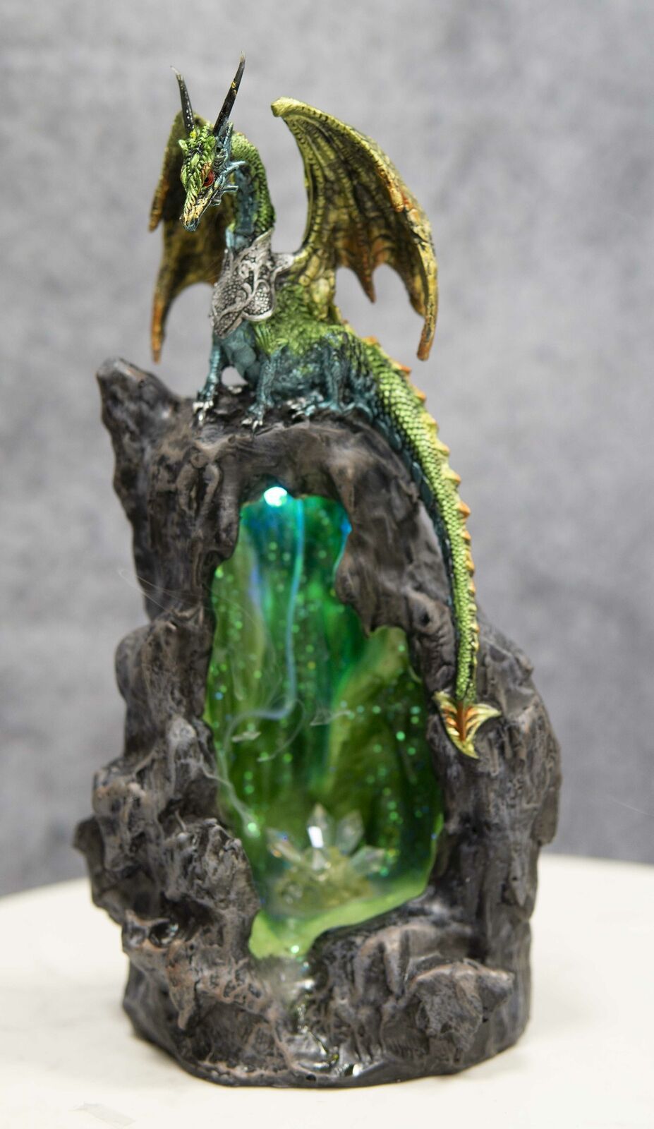 Ebros Emerald Dragon On Crystal Geode Mountain Backflow Incense Burner With LED