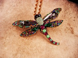 Large Monet dragonfly necklace - big 4&quot; rhinestone brooch - dramatic green state - £137.71 GBP