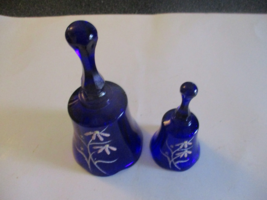 Two Fenton Hand Painted Cobalt Blue Glass Bells Signed L. George 1 W/Sti... - $237.76 MXN