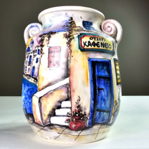 Colorful Hand Painted Wide Opening Vase Greece Scenery Buildings Ocean Signed 8&quot; - £47.27 GBP