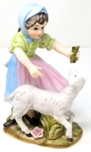 Blue Bonnet Pink Apron Girl Figurine Feeding Lamb Grass Porcelain Vintage - £11.88 GBP