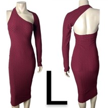 Burgundy Honeycomb Textured One Shoulder Long Sleeve Cut Out Midi Dress~... - £29.67 GBP