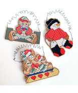 Cross Stitch Elf, Teddy Bear, Snowman Christmas Ornaments Set of 3 - $4.89