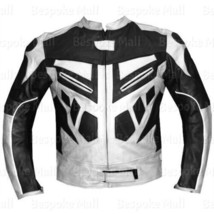 New Mens White Black Motorcycle Motorbike Cowhide Leather Jacket Safety Pads-396 - £172.09 GBP