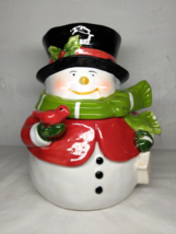 Ceramic Snowman Cookie Jar Cannister 7&quot; Tall Holding Cardinal &amp; Birdhouse - £16.39 GBP