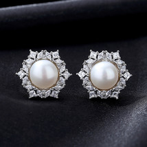 Fresh Water Pearl Earrings 925 Sterling Silver Simple Zircon Earrings For Women - £47.05 GBP