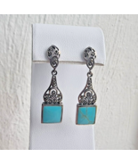 WESTERN FLORAL DESIGN 925 STERLING SILVER TURQUOISE MARCASITE  DANGLE EA... - $64.52