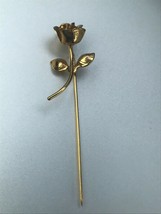 Vintage Dainty Dimensional Goldtone Longstem Rose Flower w Leaves Stick Lapel - £10.51 GBP