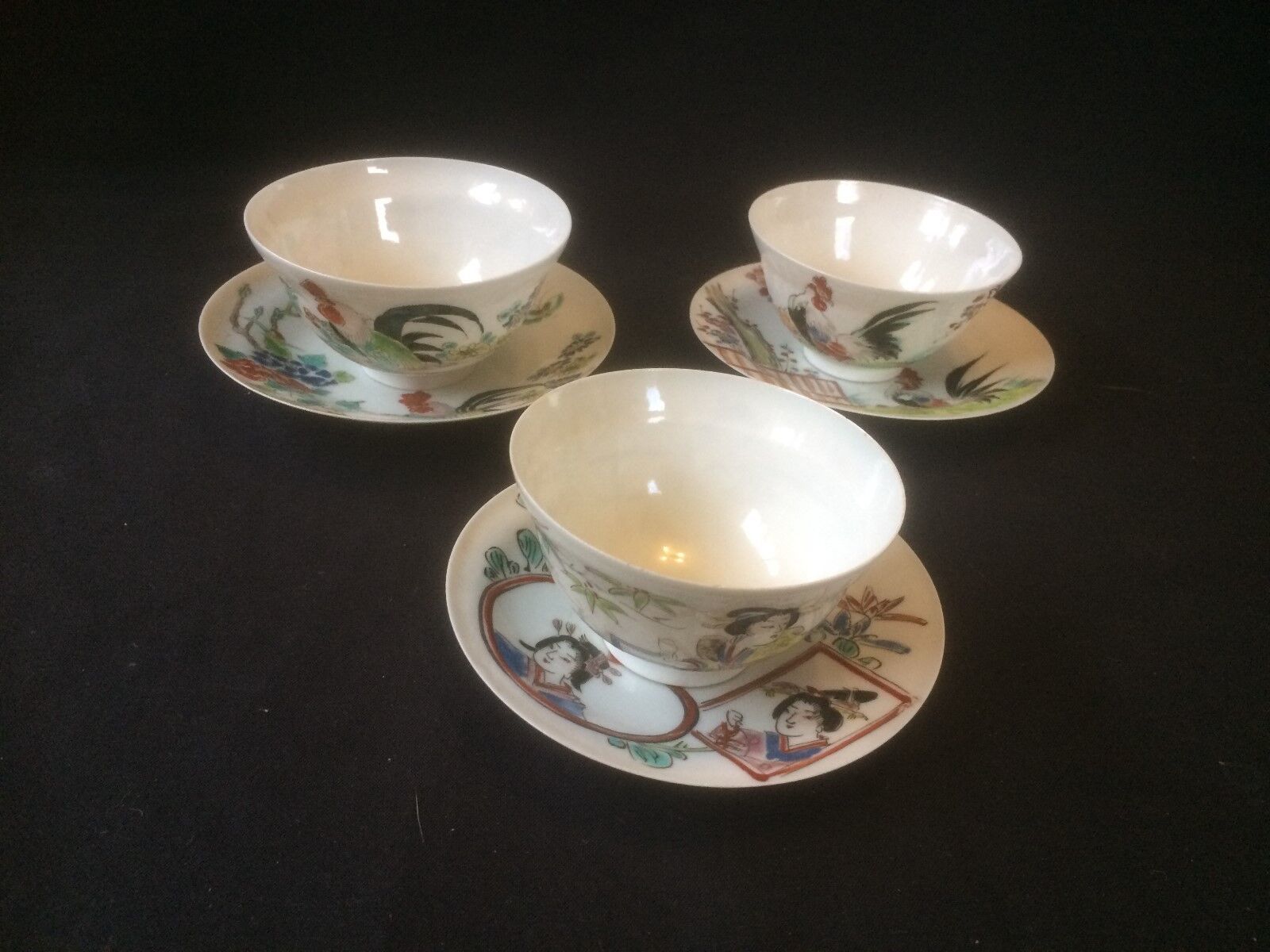 Ancien Chinois Thé Tasses Et Soucoupes Beau Décoré Et Marquée Caractères - $125.14