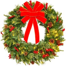 Christmas Wreath 24-In Pre-Lit Battery Powered Lights PVC Tips Ribbon Home Decor - £65.75 GBP