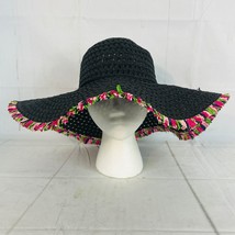 Women&#39;s Black Paper Straw Sun Hat One Size Fits All Pink Green Navy Blue Accent - £12.02 GBP