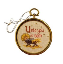 Vintage Cross Stitched Christmas Ornament Jesus in Manager Unto You is B... - £7.78 GBP